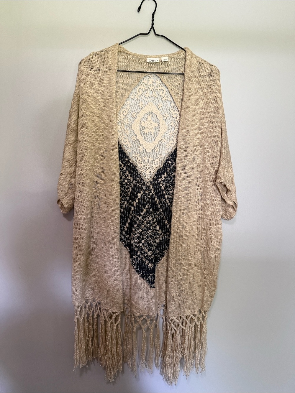Cato XL Beige Knit Kimono with Black & Cream Crochet Back